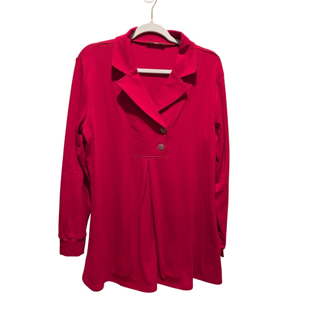 Gaharu Red Long Sleeve Tunic Top Rhinestone Rose Button‎ Notched Lapel XL